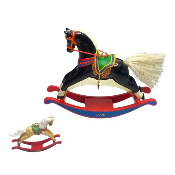Vintage 1996 Christmas Ornament 2-piece LOT Rocking Horse by Hallmark Keepsake - Picture 1 of 13